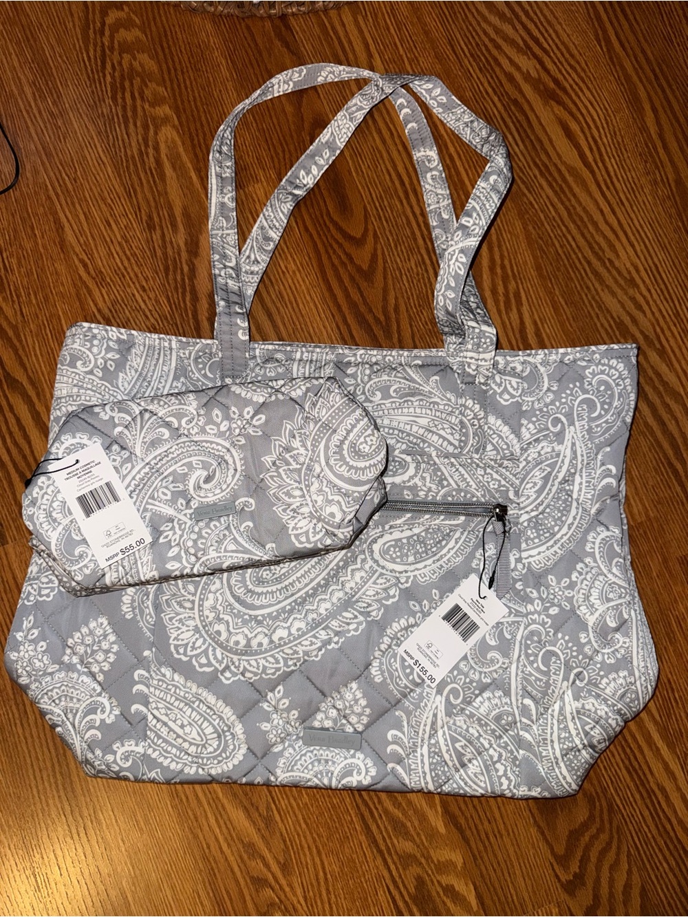 Vera Bradley Gray and White Paisley Quilted Tote with Pouch BRAND NEW WITH TAGS
